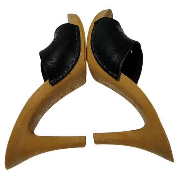 1970s Candies Style Faux Wood Heels Black Leather Vintage Pumps US 5 EUR 36 - Picture 2 of 6